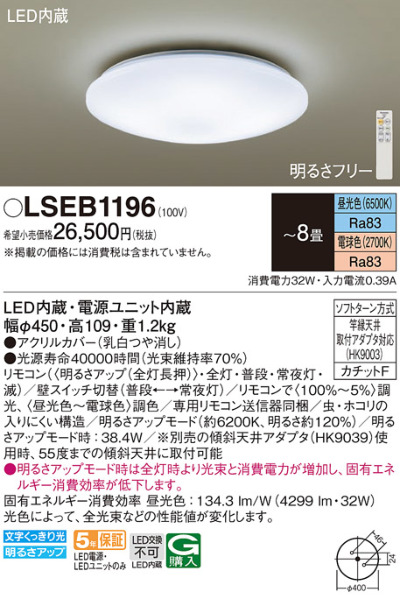 LSEB1196 パナソニック シーリングライト LGC31104相当品 ～8畳用