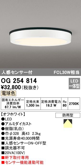 OG254814 オーデリック LED軒下灯 FCL30W相当 電球色 人感センサー付 