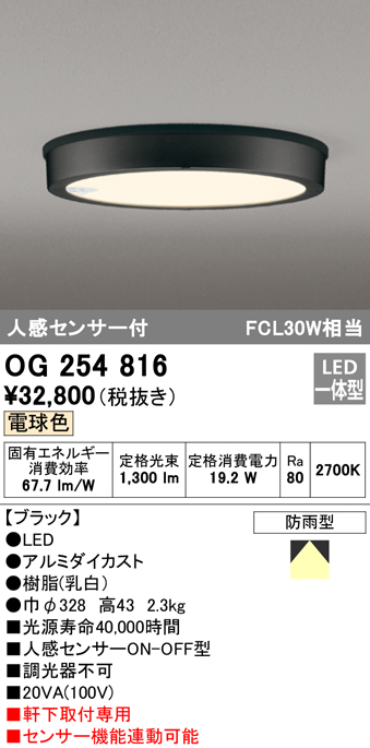 OG254816 オーデリック LED軒下灯 FCL30W相当 電球色 人感センサー付
