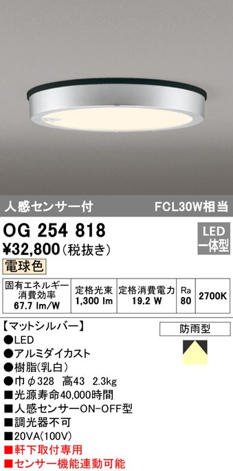 OG254818 オーデリック LED軒下灯 FCL30W相当 電球色 人感センサー付