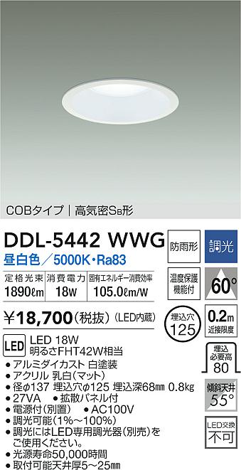 DDL5442WWG 大光電機 LEDダウンライト 屋内・屋外兼用 埋込穴Φ125